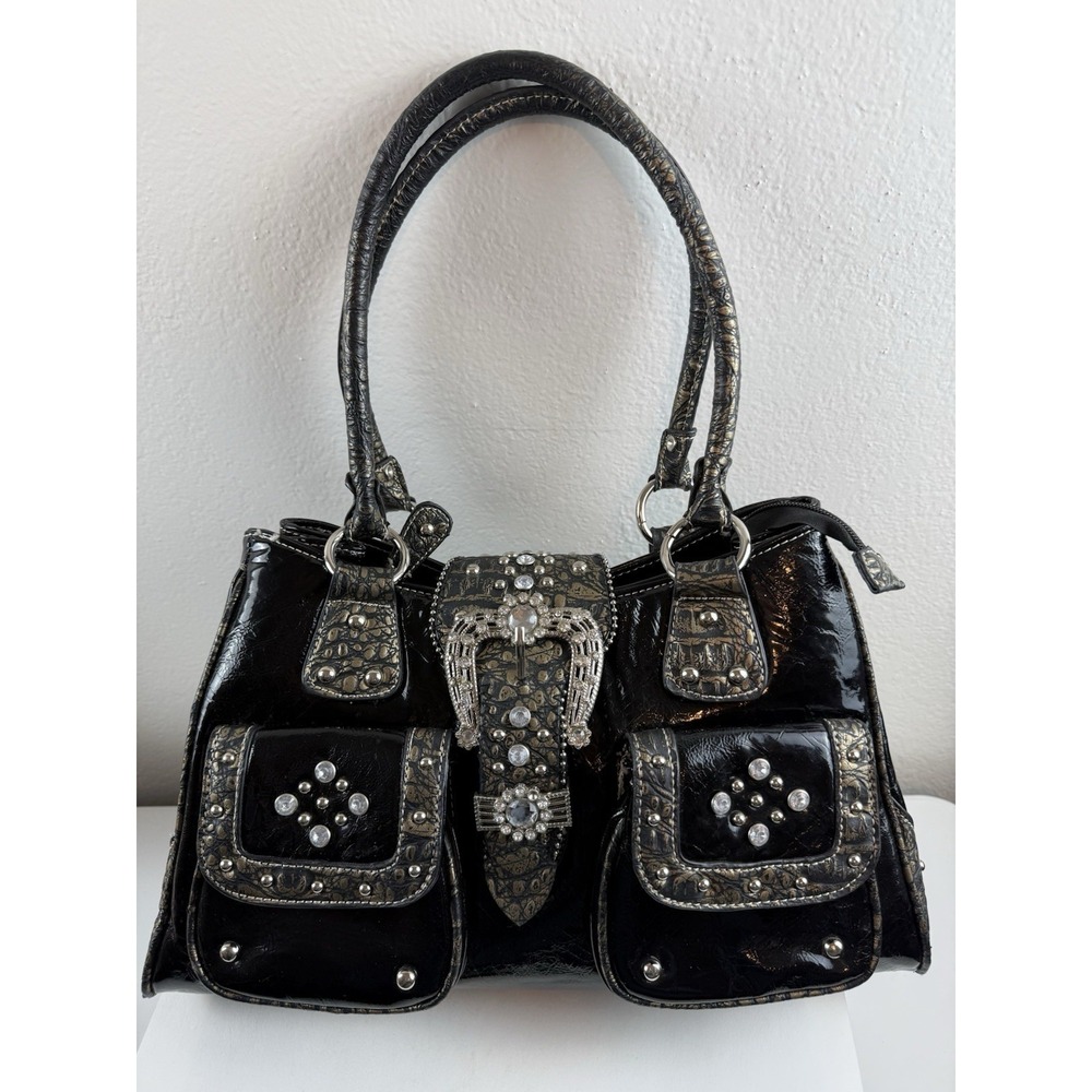Y2K Vtg Black Patent Leather Rhinestone Stud Croc Embossed Buckle Shoulder Bag